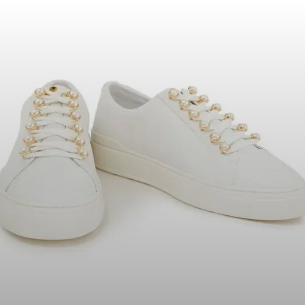 STUART WEITZMAN Excelsa Pearl Embellished Sneakers White Leather Size 6.5